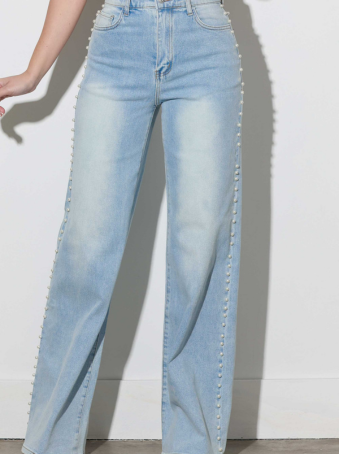 Jeans Wide Leg Blue con Detalle de Perlas