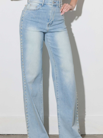 Jeans Wide Leg Blue con Detalle de Perlas