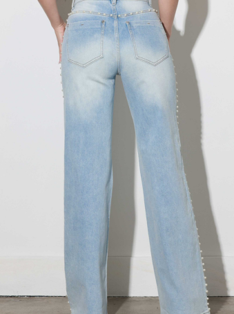 Jeans Wide Leg Blue con Detalle de Perlas