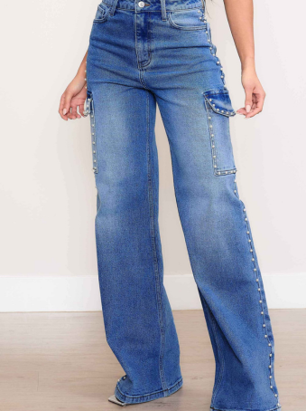 Jeans Cargo Wide Leg con Perlas