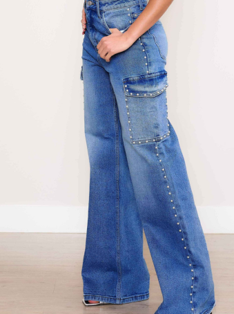 Jeans Cargo Wide Leg con Perlas