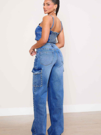 Jeans Cargo Wide Leg con Perlas