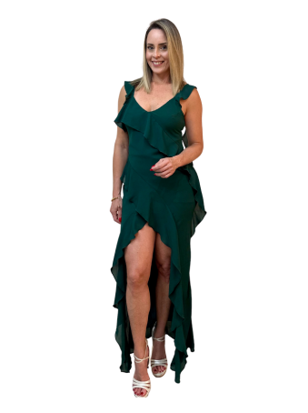 Vestido Largo Elegante con Abertura y Volantes