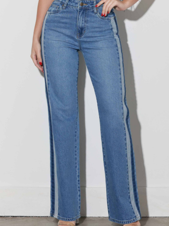 Jeans Recto Azul con Franjas Laterales Claras