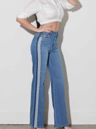 Jeans Recto Azul con Franjas Laterales Claras