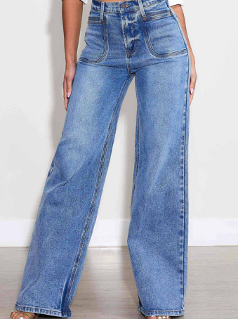 Jeans Wide Leg Azul con Bolsillos y Costuras Marcadas