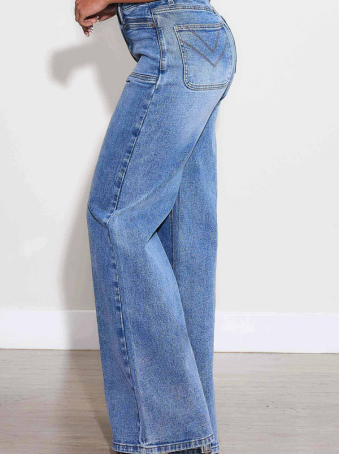 Jeans Wide Leg Azul con Bolsillos y Costuras Marcadas