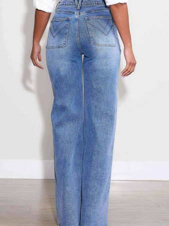 Jeans Wide Leg Azul con Bolsillos y Costuras Marcadas