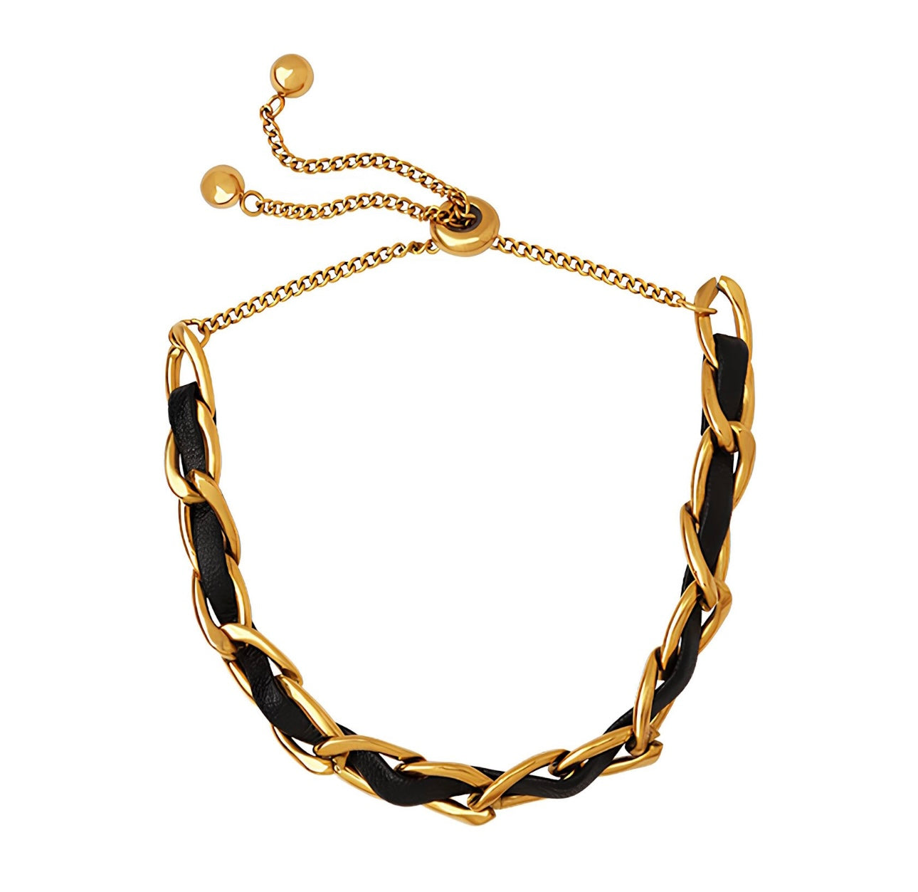 Pulsera dorada ajustable con cinta negra entrelazada