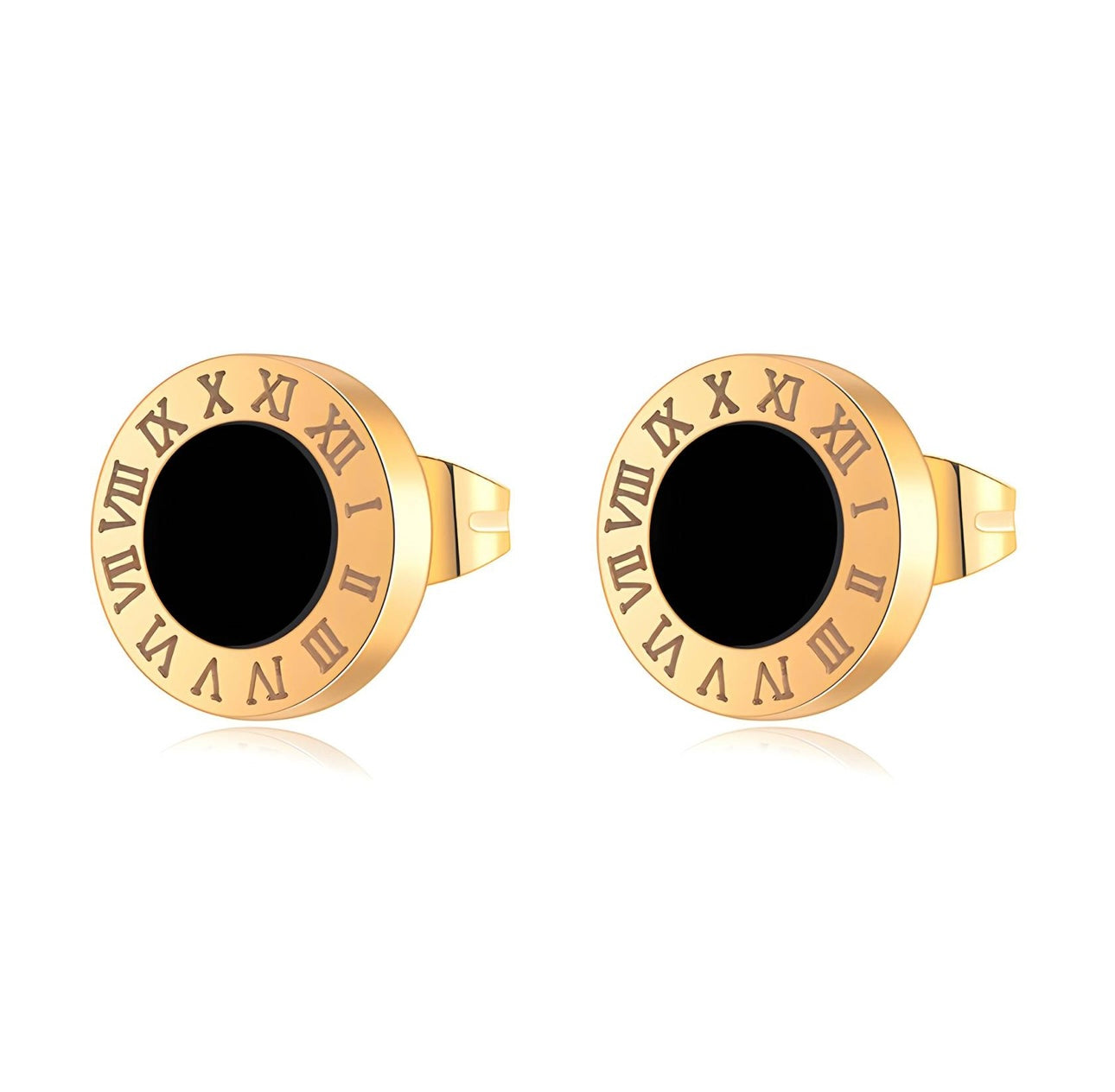 Aretes redondos dorados con centro negro y números romanos