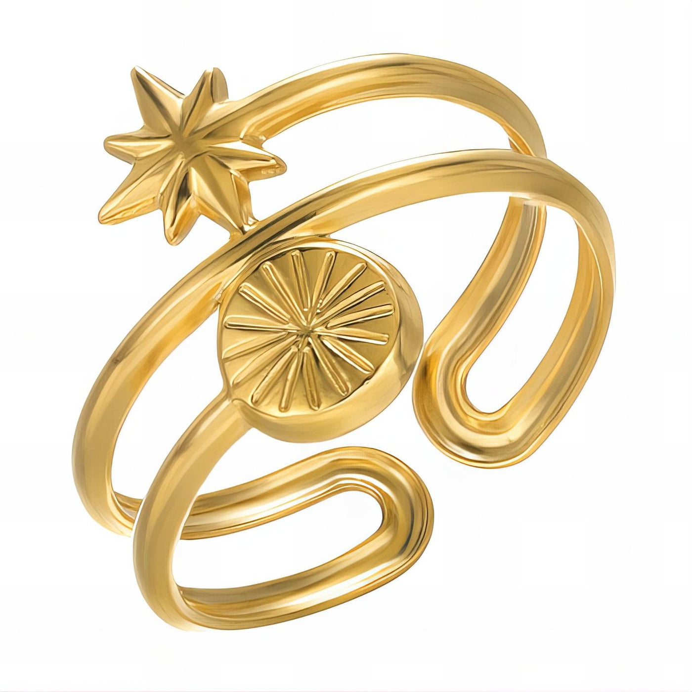 Anillo dorado ajustable con diseño de estrella y sol en relieve